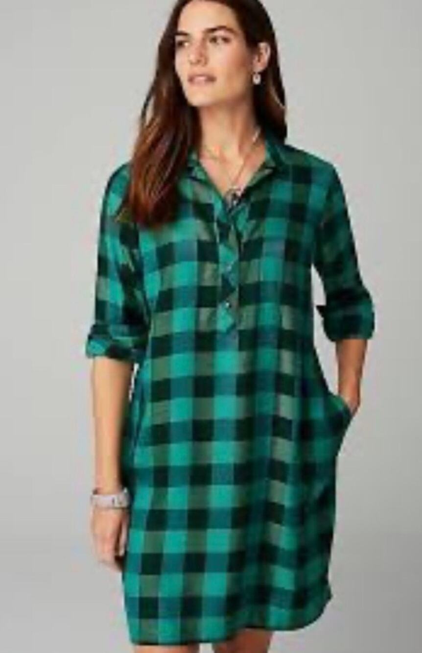 J. Jill Long Sleeve Plaid Tunic Dress Shirt Dress Pockets Green Scots Pine M